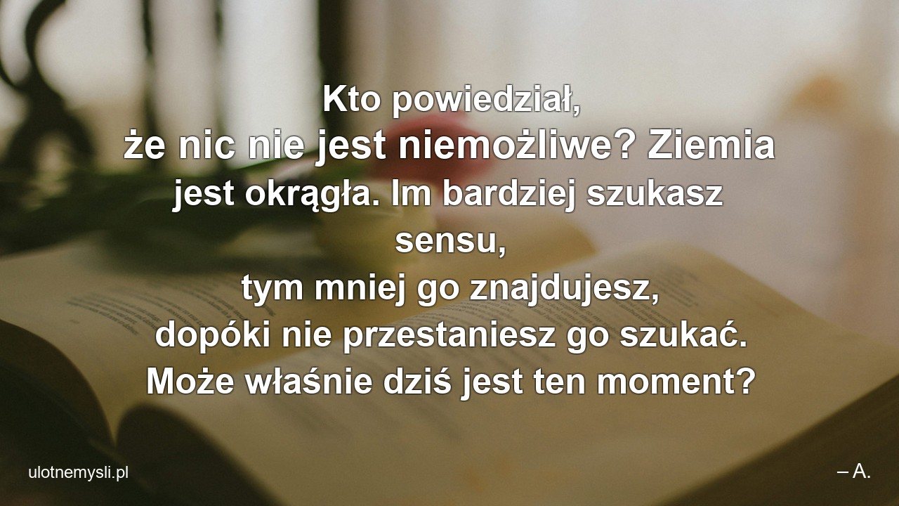 Kto powiedział,  że nic nie jest niemożliwe? Ziemia jest okrągła. Im bardziej szukasz sensu,  tym mniej go znajdujesz,  dopóki nie przestaniesz go szukać. Może właśnie dziś jest ten moment? - – A.