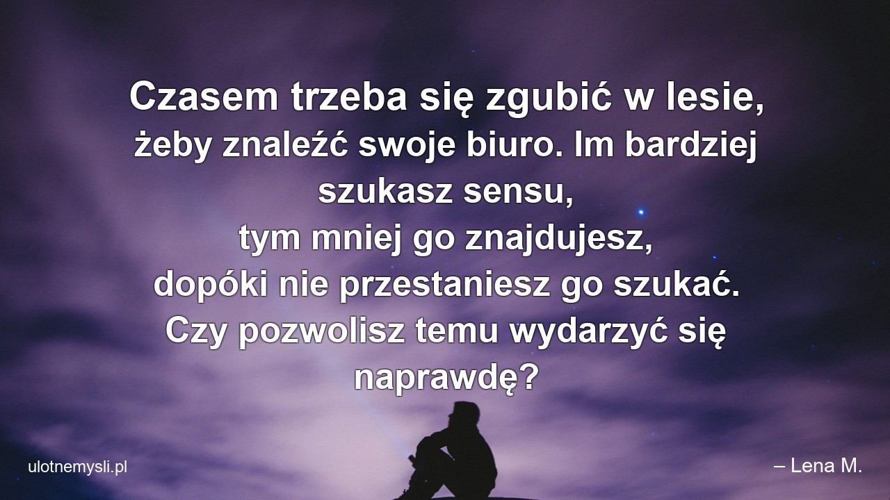 Czasem trzeba się zgubić w lesie,  żeby znaleźć swoje biuro. Im bardziej szukasz sensu,  tym mniej go znajdujesz,  dopóki nie przestaniesz go szukać. Czy pozwolisz temu wydarzyć się naprawdę? - – Lena M.