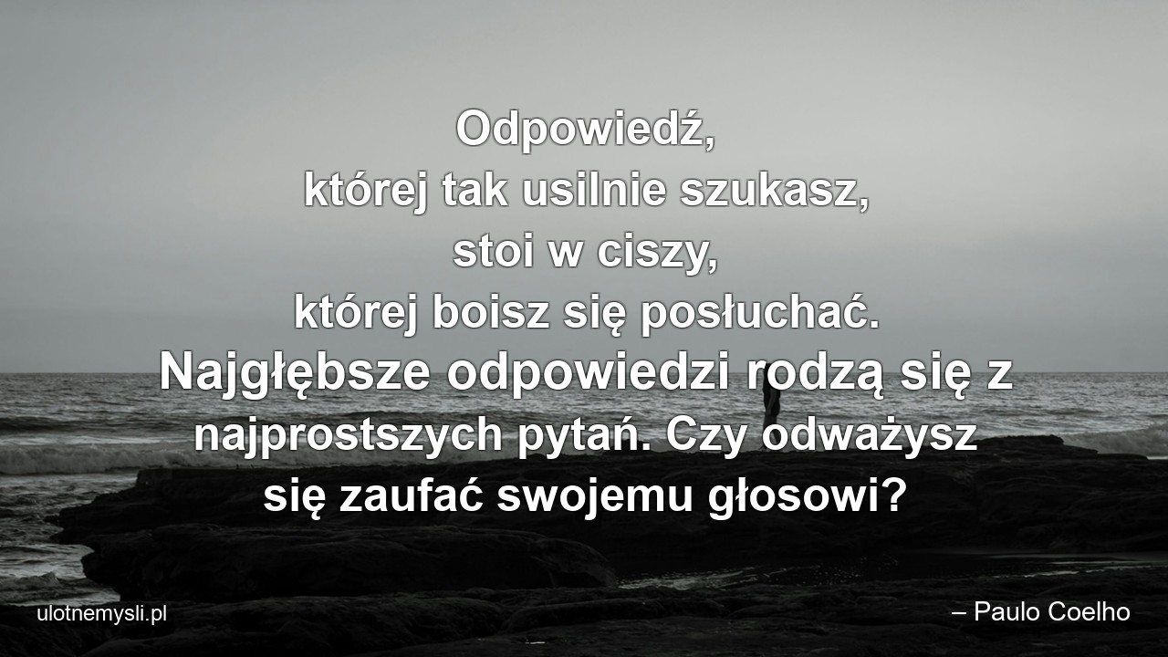 Odpowiedź,  której tak usilnie szukasz,  stoi w ciszy,  której boisz się posłuchać. Najgłębsze odpowiedzi rodzą się z najprostszych pytań. Czy odważysz się zaufać swojemu głosowi? - – Paulo Coelho