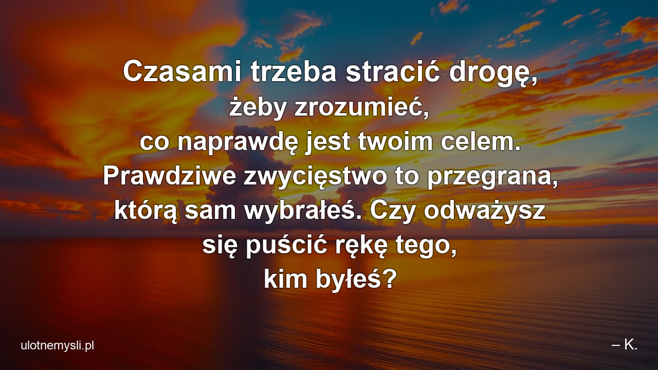 Czasami trzeba stracić drogę,  żeby zrozumieć,  co naprawdę jest twoim celem. Prawdziwe zwycięstwo to przegrana,  którą sam wybrałeś. Czy odważysz się puścić rękę tego,  kim byłeś? - – K.