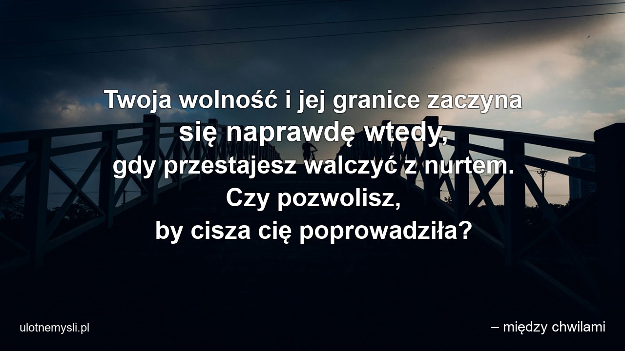 Twoja wolność i jej granice zaczyna się naprawdę wtedy,  gdy przestajesz walczyć z nurtem. Czy pozwolisz,  by cisza cię poprowadziła? - – między chwilami