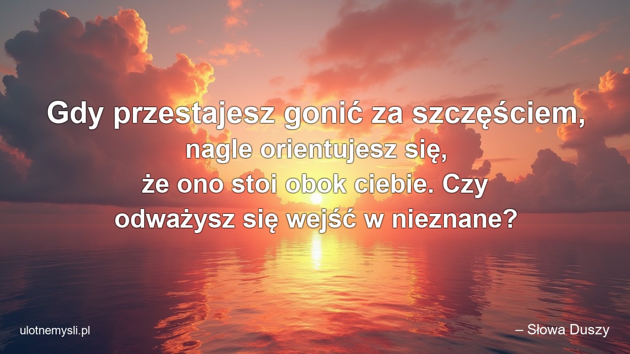 Gdy przestajesz gonić za szczęściem,  nagle orientujesz się,  że ono stoi obok ciebie. Czy odważysz się wejść w nieznane? - – Słowa Duszy