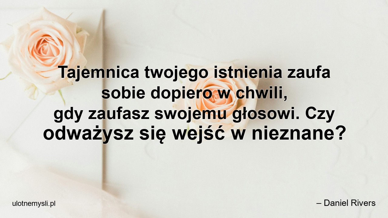 Tajemnica twojego istnienia zaufa sobie dopiero w chwili,  gdy zaufasz swojemu głosowi. Czy odważysz się wejść w nieznane? - – Daniel Rivers