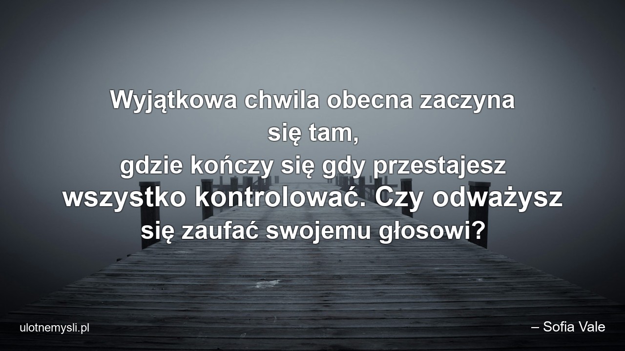 Wyjątkowa chwila obecna zaczyna się tam,  gdzie kończy się gdy przestajesz wszystko kontrolować. Czy odważysz się zaufać swojemu głosowi? - – Sofia Vale