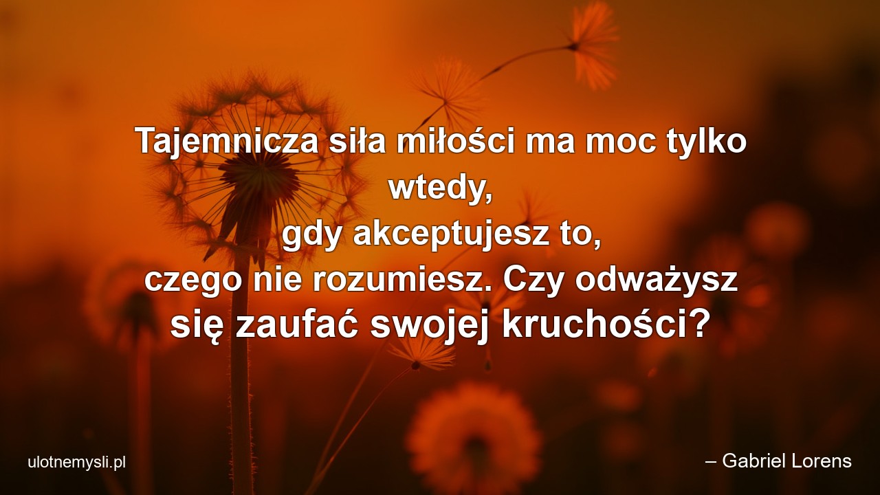 Tajemnicza siła miłości ma moc tylko wtedy,  gdy akceptujesz to,  czego nie rozumiesz. Czy odważysz się zaufać swojej kruchości?