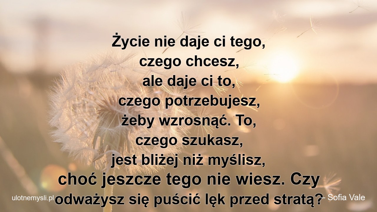 Życie nie daje ci tego,  czego chcesz,  ale daje ci to,  czego potrzebujesz,  żeby wzrosnąć. To,  czego szukasz,  jest bliżej niż myślisz,  choć jeszcze tego nie wiesz. Czy odważysz się puścić lęk przed stratą?
