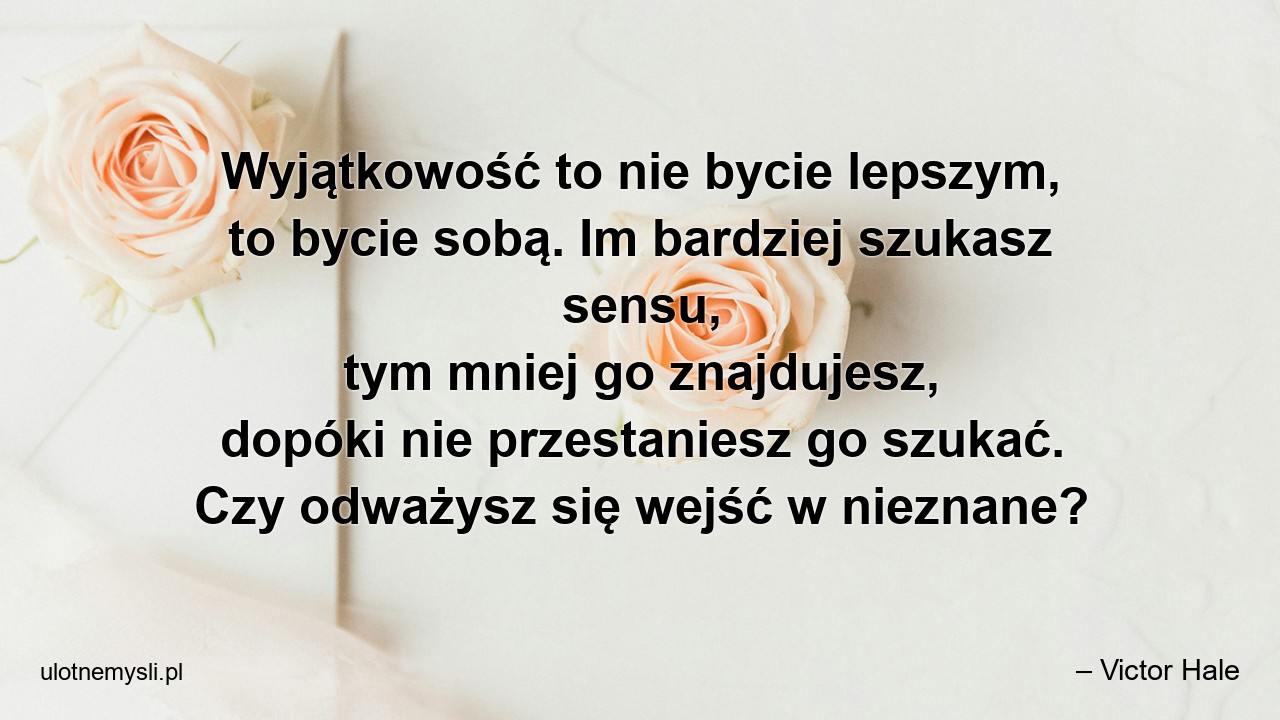 Wyjątkowość to nie bycie lepszym,  to bycie sobą. Im bardziej szukasz sensu,  tym mniej go znajdujesz,  dopóki nie przestaniesz go szukać. Czy odważysz się wejść w nieznane?