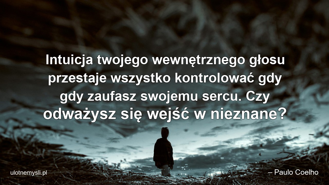 Intuicja twojego wewnętrznego głosu przestaje wszystko kontrolować gdy gdy zaufasz swojemu sercu. Czy odważysz się wejść w nieznane? - – Paulo Coelho