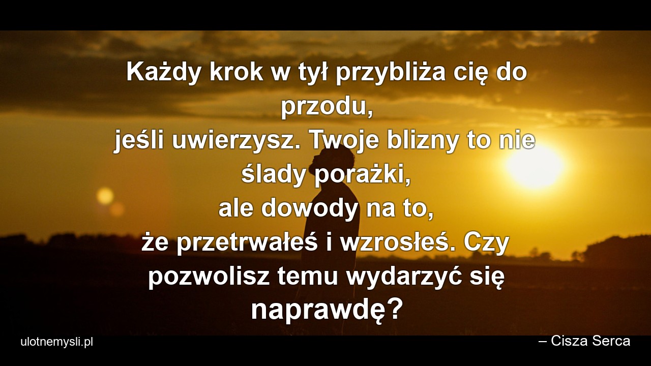 Każdy krok w tył przybliża cię do przodu,  jeśli uwierzysz. Twoje blizny to nie ślady porażki,  ale dowody na to,  że przetrwałeś i wzrosłeś. Czy pozwolisz temu wydarzyć się naprawdę? - – Cisza Serca