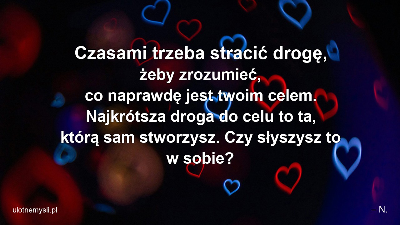 Czasami trzeba stracić drogę,  żeby zrozumieć,  co naprawdę jest twoim celem. Najkrótsza droga do celu to ta,  którą sam stworzysz. Czy słyszysz to w sobie? - – N.