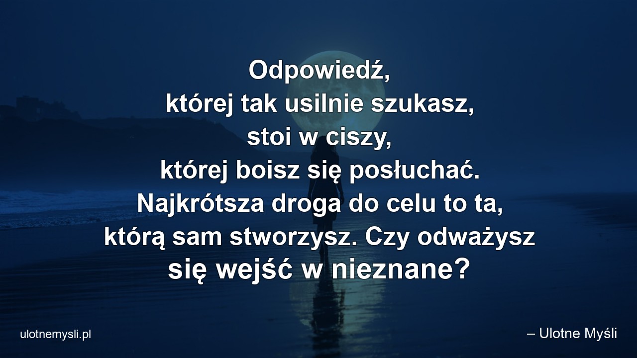 Odpowiedź,  której tak usilnie szukasz,  stoi w ciszy,  której boisz się posłuchać. Najkrótsza droga do celu to ta,  którą sam stworzysz. Czy odważysz się wejść w nieznane? - – Ulotne Myśli