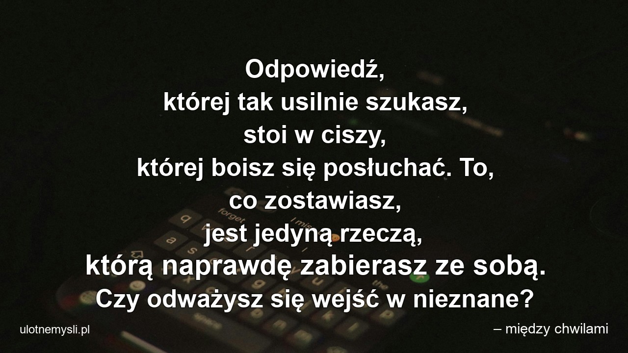 Odpowiedź,  której tak usilnie szukasz,  stoi w ciszy,  której boisz się posłuchać. To,  co zostawiasz,  jest jedyną rzeczą,  którą naprawdę zabierasz ze sobą. Czy odważysz się wejść w nieznane?