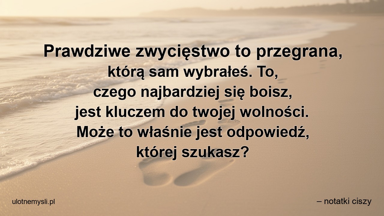 Prawdziwe zwycięstwo to przegrana,  którą sam wybrałeś. To,  czego najbardziej się boisz,  jest kluczem do twojej wolności. Może to właśnie jest odpowiedź,  której szukasz?