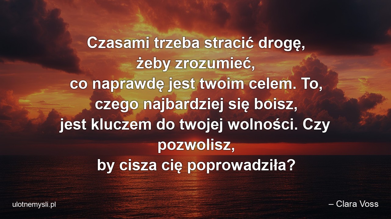 Czasami trzeba stracić drogę,  żeby zrozumieć,  co naprawdę jest twoim celem. To,  czego najbardziej się boisz,  jest kluczem do twojej wolności. Czy pozwolisz,  by cisza cię poprowadziła?