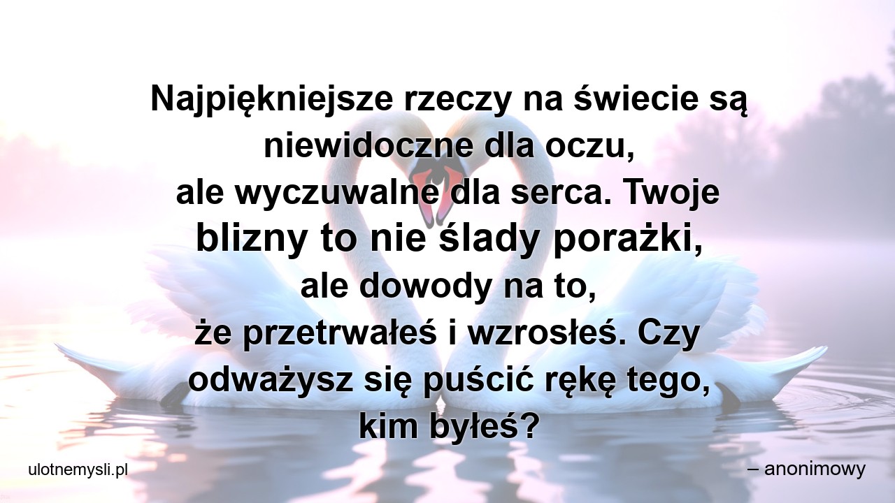 Najpiękniejsze rzeczy na świecie są niewidoczne dla oczu,  ale wyczuwalne dla serca. Twoje blizny to nie ślady porażki,  ale dowody na to,  że przetrwałeś i wzrosłeś. Czy odważysz się puścić rękę tego,  kim byłeś?