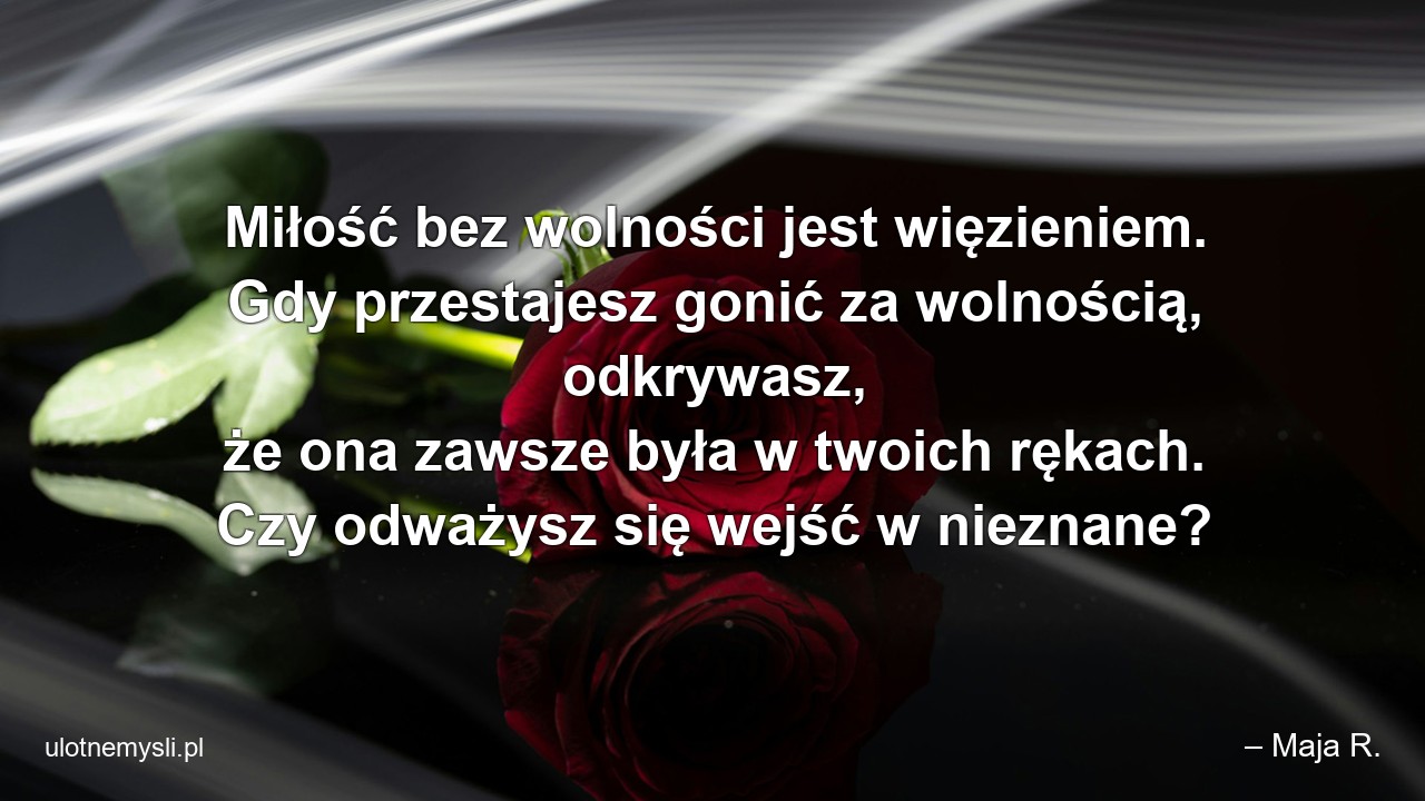 Miłość bez wolności jest więzieniem. Gdy przestajesz gonić za wolnością,  odkrywasz,  że ona zawsze była w twoich rękach. Czy odważysz się wejść w nieznane?