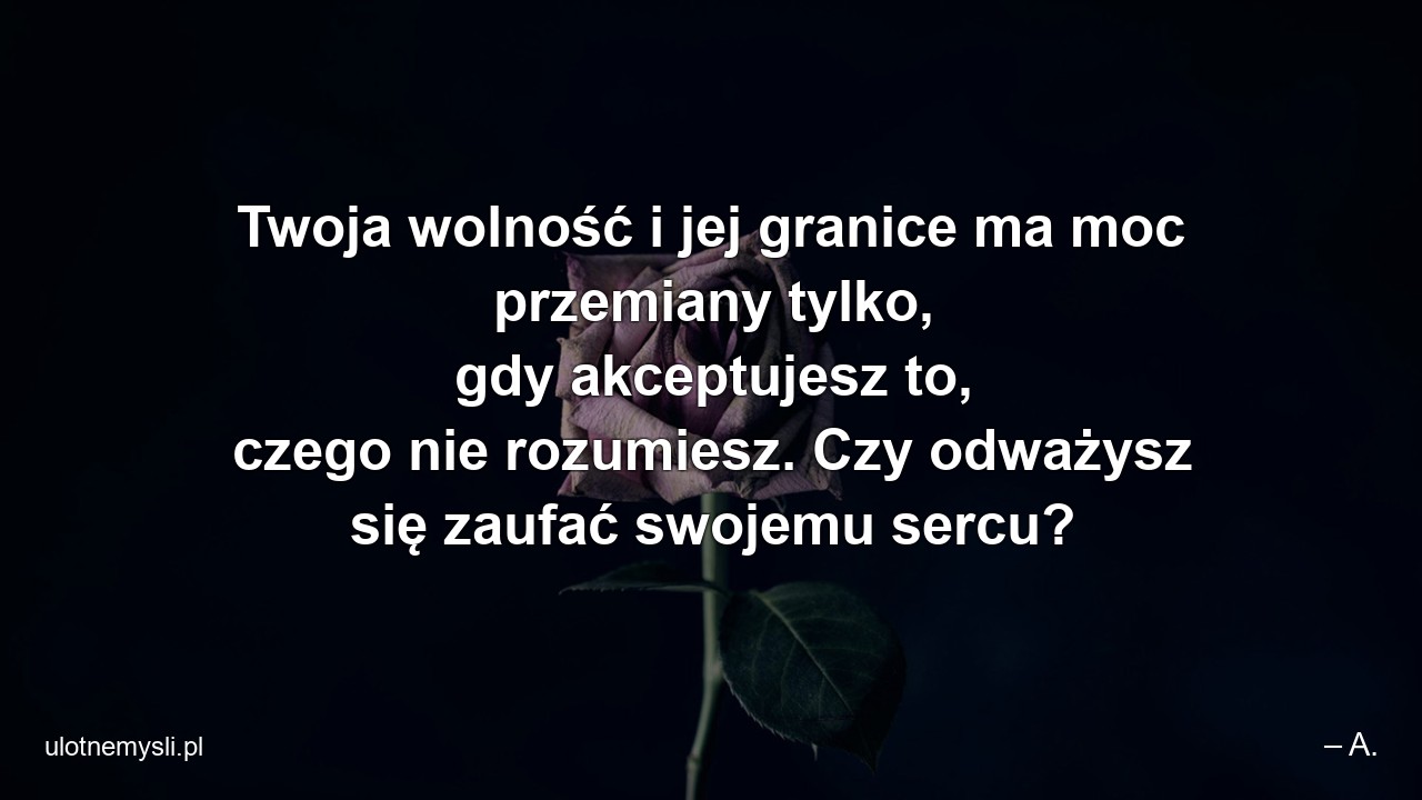 Twoja wolność i jej granice ma moc przemiany tylko,  gdy akceptujesz to,  czego nie rozumiesz. Czy odważysz się zaufać swojemu sercu?