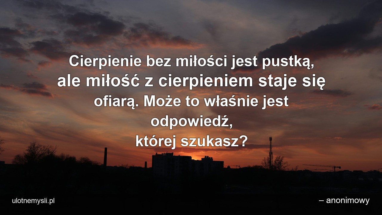 Cierpienie bez miłości jest pustką,  ale miłość z cierpieniem staje się ofiarą. Może to właśnie jest odpowiedź,  której szukasz?