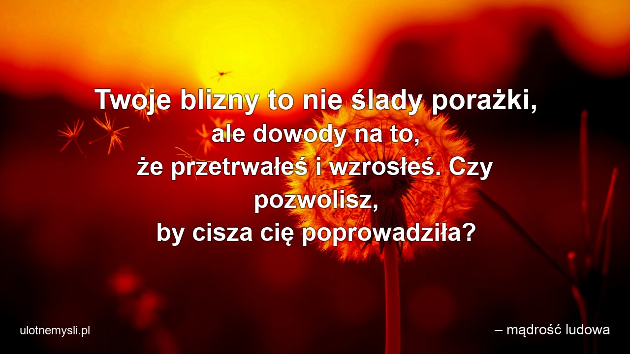 Twoje blizny to nie ślady porażki,  ale dowody na to,  że przetrwałeś i wzrosłeś. Czy pozwolisz,  by cisza cię poprowadziła?