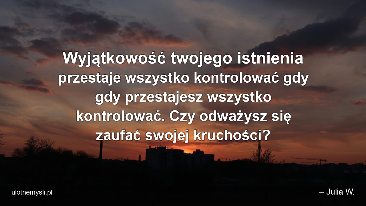 Wyjątkowość twojego istnienia przestaje wszystko kontrolować gdy gdy przestajesz wszystko kontrolować. Czy odważysz się zaufać swojej kruchości?